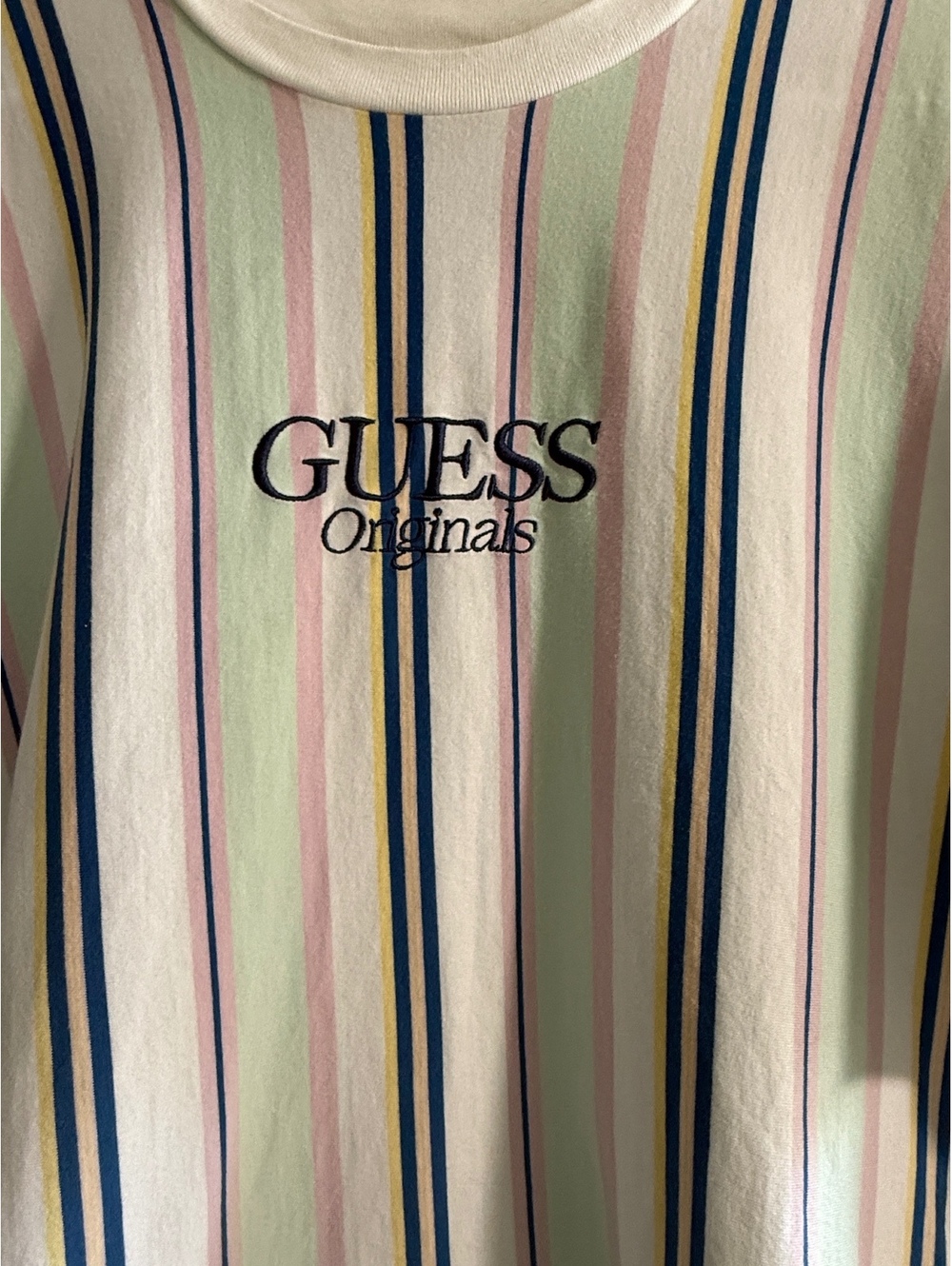 GUESS Originals Mens L Pastel Striped T Shirt Embroidered Logo Retro Tee